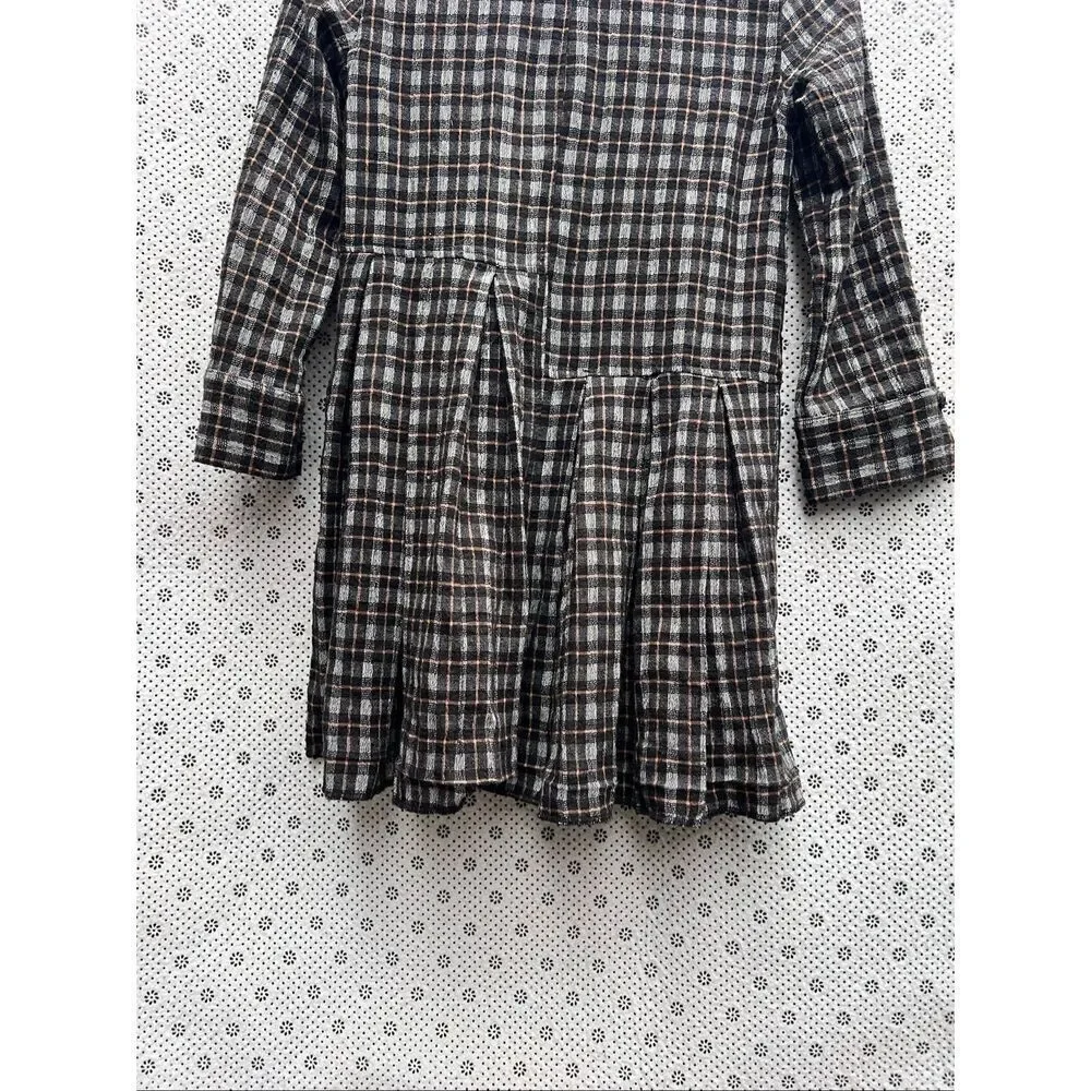 ZARA Girls Long Sleeve Asymmetric Pleated Dress Size 9-10 Black/Brown Plaid
